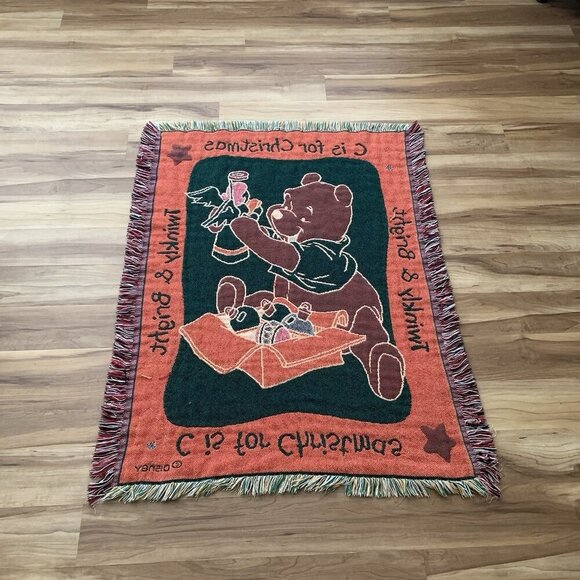 Vintage Disney Winnie Pooh Tapestry Throw Blanket C Is For Christmas 37” x 47” - Picture 12 of 14